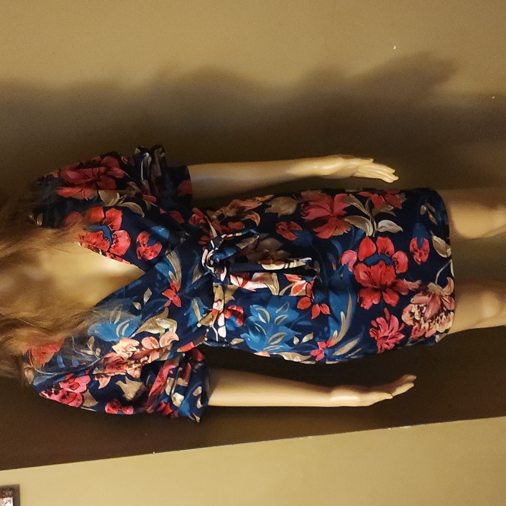 Floral Print, Self-Tie Sash, Mini Dress, Small, Navy - Picture 4 of 8